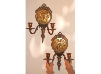 Pair Antique Bronze English Sconces With Dancing Nudes & Satyr