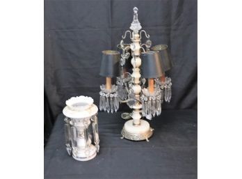 Nice Antique Style Onyx Table Lamp With Crystals & Frosted Glass Luster