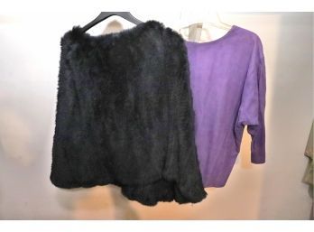 Black Fur Cape Style Pullover & Purple Suede Top With Dolman Sleeves