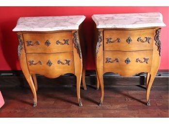 Pair French Louis XV Style Marble Top Commodes / End Tables
