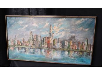 Large MCM Textured Painting Of NYC Skyline Signed Weiss