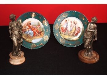 Pair Victoria Austria Decorative Plates & Classical Metal Figurines