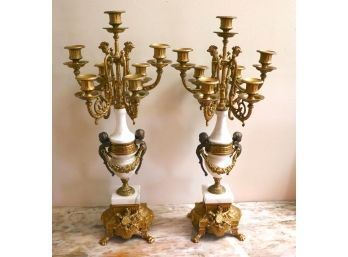 Pair French Style Marble & Brass Candelabras