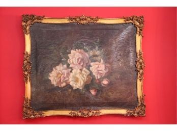 Antique Victorian Oil Painting Of Roses In Gilt Frame