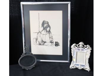 Etching Of Pensive Woman & Picture Frames