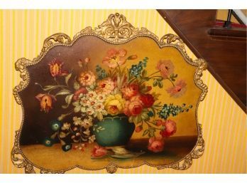 Vintage Still Life Oil Painting In Curved Decorative Frame