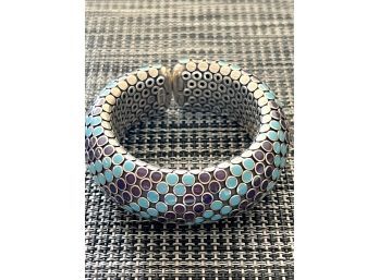 Very Unusual Snake Skin Style Turquoise & Onyx Sterling Silver Flex Bracelet