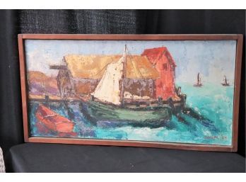 MCM Textured Painting Of Sailboat & Dock