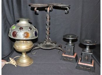 Moroccan Inspired Bejeweled Lamp, Marble Candleholders & Plant Stand