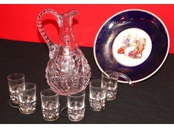 Etched Crystal Pitcher, 6 Cordial Glasses In Silver Holders & Decorative Wall Plate