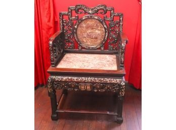 Amazing Chinese Throne Chair With Marble & Mother Of Pearl Inlay