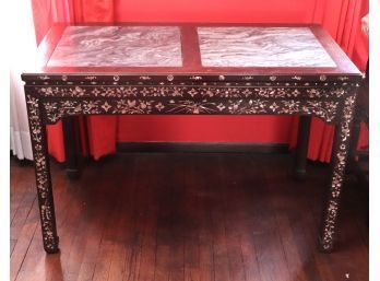 Fabulous Antique Chinese Desk / Table With Marble Top & Mother Of Pearl Inlay