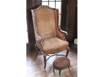 French Style Wing Chair & Footstool Suede Fabric