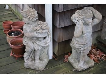 Pair Antique Cement Garden Statues Of Cherubs