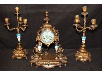 French Style Clock Garniture With Painted Porcelain Inserts