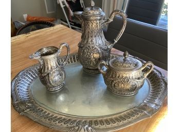 Beautiful Antique 4 Pc - 800 Silver Tea Set With Tray, Teapot, Sugar Bowl And Creamer