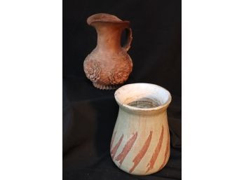 Terra Cotta Ceramic Pottery Vase & Carved Wood Pitcher Pottery Vase