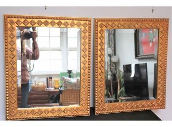 Pair Beveled Mirrors With Geometric Gold Frames