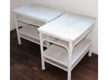 Pair White Wicker End Tables