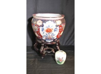 Vintage Chinese Painted Planter On Carved Stand & Small Vase