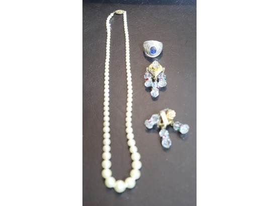 Sterling Silver Ring And Faux Pearl Necklace With 14kt Gold Clasp