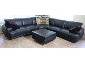 Large Black Leather Living Room Sectional With Ottoman By W. Schilling