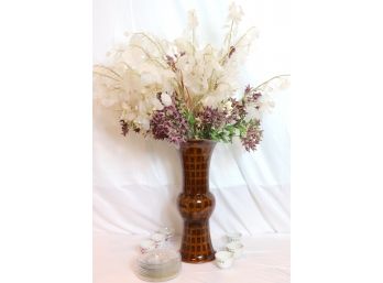 20' Tall Ceramic Vase With Markings And Floral Display