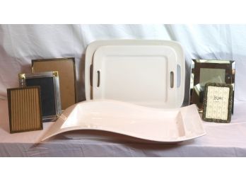 Assorted Serving Trays And Picture Frame Lot