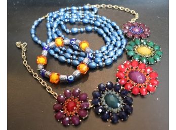 Floral Glass Necklace And Blue Beaded Necklace