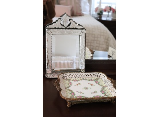 Small Venetian Style Hanging Mirror & Small Painted Porcelain Tray