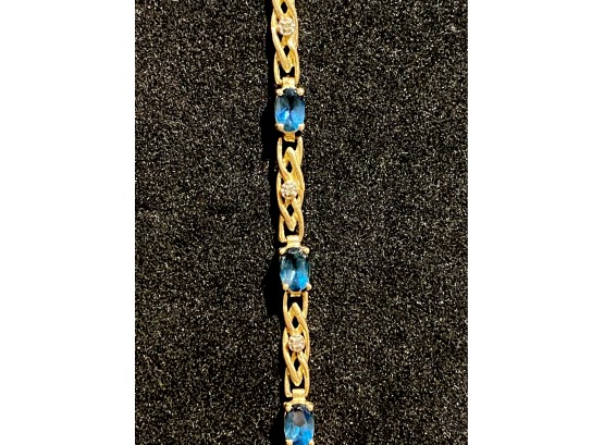 10K YG Blue Topaz Link Bracelet W/ Diamond Accents