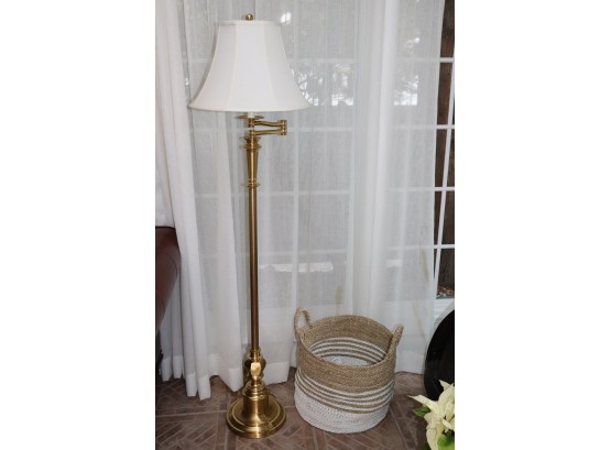 Brass Finished Floor Lamp With A Stiffel Shade, Includes Woven Basket