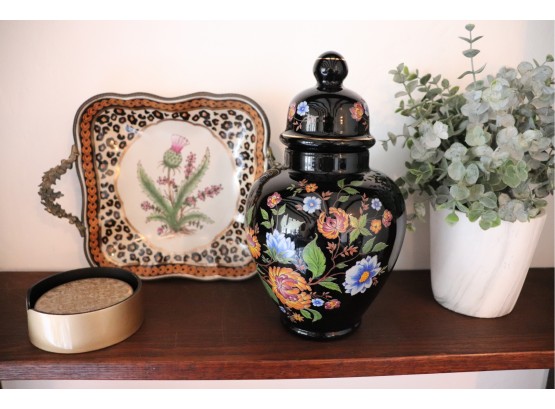Painted Urn, Coaster Set & Decorative Bowl With Handles