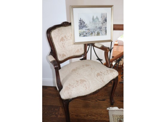 Carved Wood Accent Chair With Nail Head Accents & Padded Arms Framed European Print