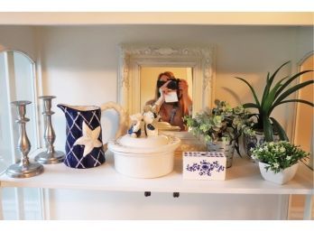 Mixed Collection Includes Starfish Pitcher, RWP Candlesticks, Mirror, Cookie Canister & Faux Plants