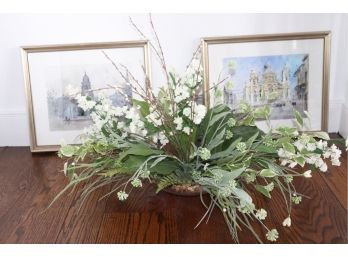 Set Of Pretty Scenic Framed European Prints With Faux Floral Display