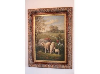 Pastoral Lamb Painting In A Highly Carved Wood Frame
