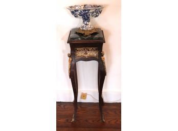 Beautiful Blue & White Porcelain Centerpiece On A Vintage Wood Pedestal With Marble Stone Top