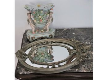 Pretty Painted Cherub Centerpiece & Ornate Mirror