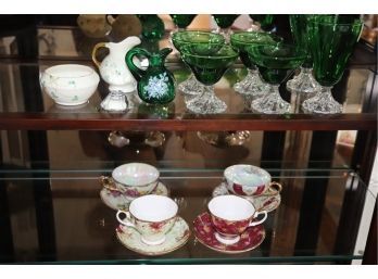 Pretty Green Glass, Belleek Royal Sealy Cups & Saucers, Royal Albert , Old Country Roses Ruby Lace