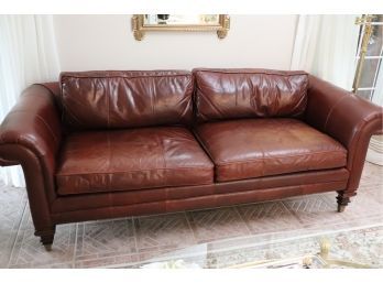 Ralph Lauren Leather Sofa With Back Cushion Pillows Wood & Brass Detailing On Legs Very Good Condition