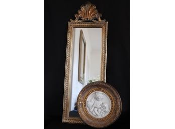 Pretty Gilded Mirror With Shell Crown & Embossed Wall Decor