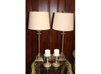 97.Pair Of Pretty Table Lamps, Includes Small Candle Pillars & Sisters Coffee Table Book