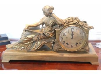 Beautiful Vintage Seth Thomas Bronze Finished Mantle Clock Of A Lady Reading