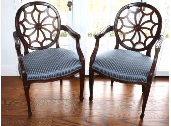 Pair Of Wood Accent Chairs With A Quality Linen Fabric