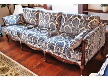 Long Wood Sofa With Custom Blue & White Linen/Silk Fabric