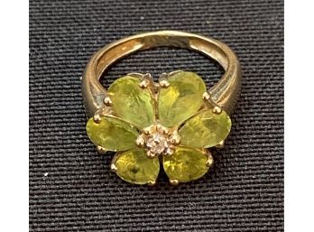 14K YG Green Citrine Floral Ring W Diamond Accent
