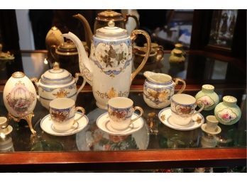 Pretty Vintage Hand Painted Tea Set With Painted Embellished Detail, Pretty Blue & Gold Pattern