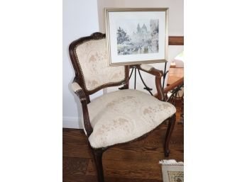 Carved Wood Accent Chair With Nail Head Accents & Padded Arms Framed European Print