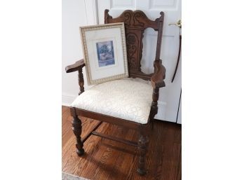 Antique Carved Wood Armchair, Quality Stylish Fabric Stitched Textured Includes Print